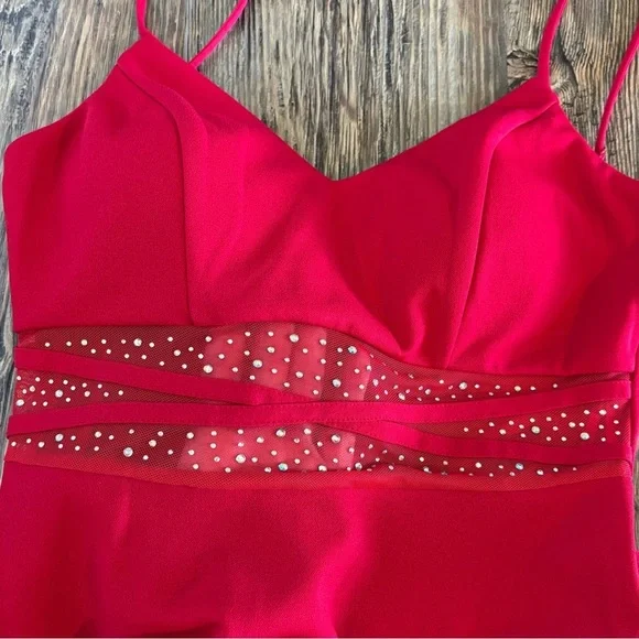 City Triangles Fit & Flare Mini Formal Party Dress Womens Jrs M Red Mesh Waist - Picture 10 of 11